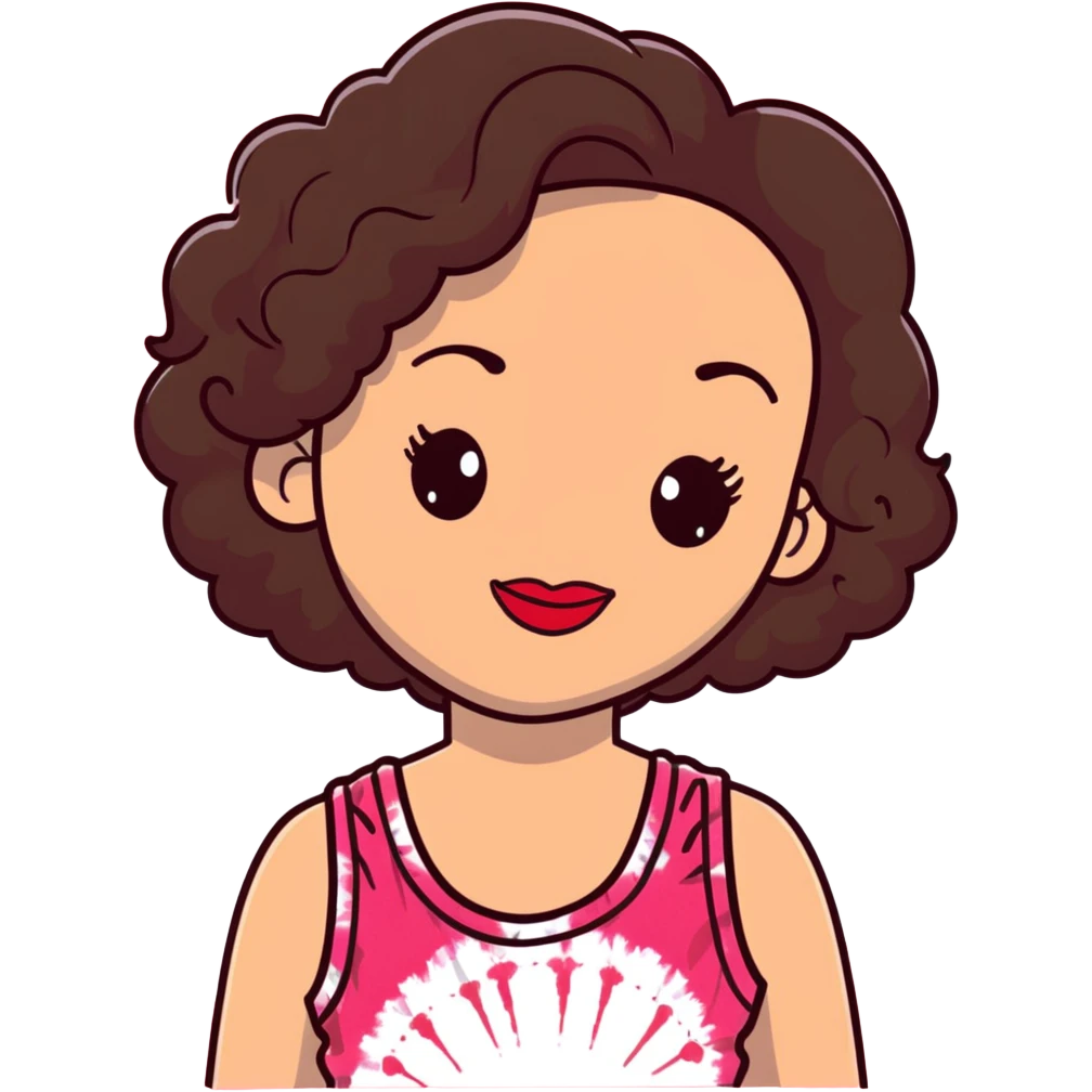 Artistic woman with fair skin, elongated face, abundant dark brown curly hair, large expressive almond brown eyes, full lips with soft red lipstick, wearing pink tie-dye tank top, maternal welcoming smile emoji