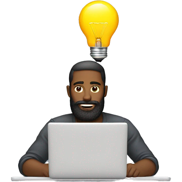 A man with beard working on a laptop with a lightbulb above his head emoji