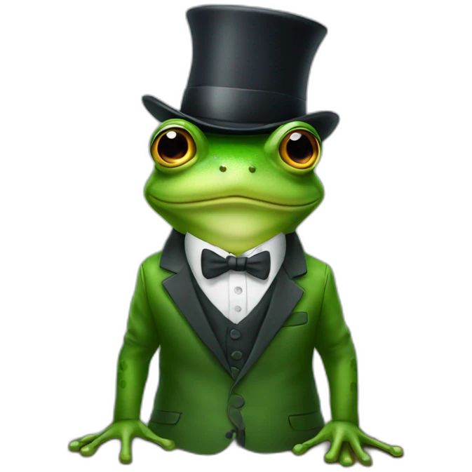 A frog wearing a suit looking straight sitting on a table and wearing a hat emoji