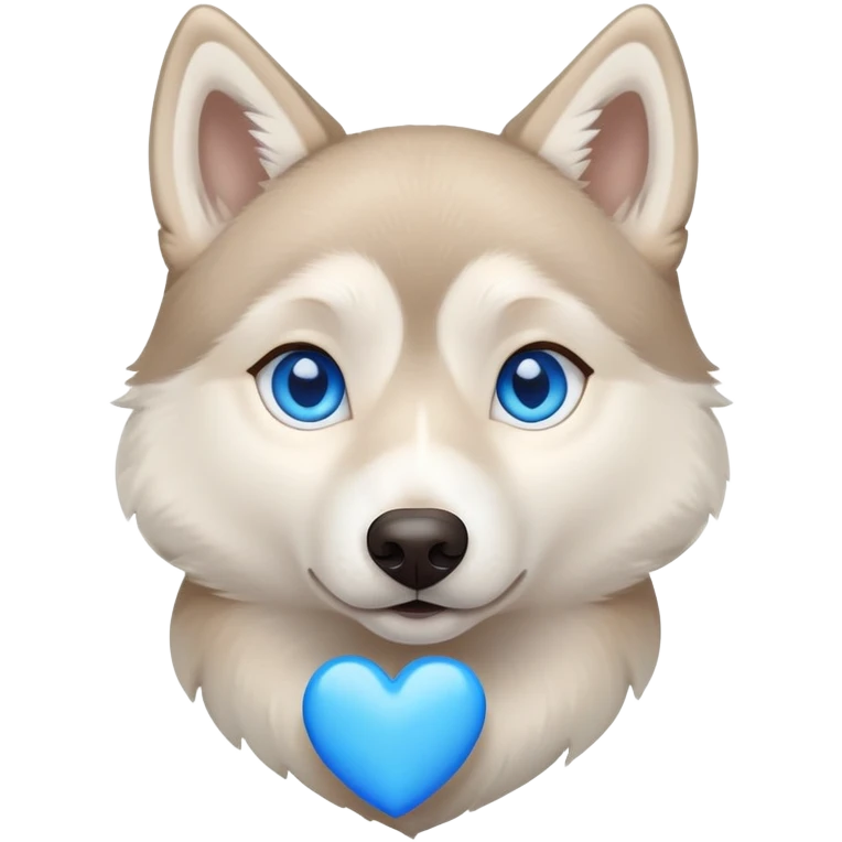 Beige husky with blue eyes holding a blue heart emoji