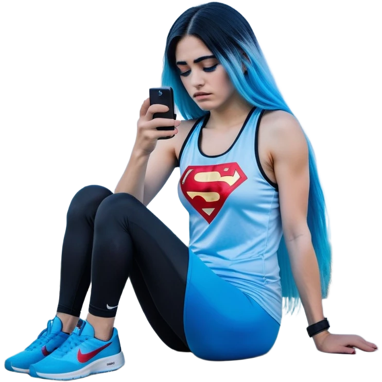 Shameful disappointed crying-very very very very big chest-texting on a samsung cell phone-very long straight flowing black to sky blue hair ombre-blue eyes-black eyeliner-long eyelashes-plastic sparkling sky blue very low cut tank top with sparkling superman logo-black leggings-nike sneakers emoji