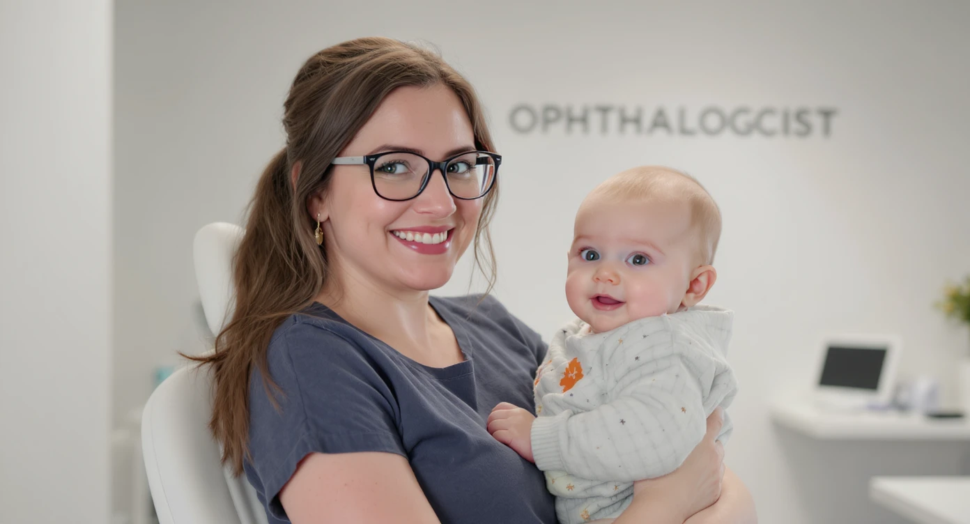 Cinematic still, Proffesional advertising of a smiling european white woman with glasses smiling holding baby, minimalistic ophthalmologist interior in background, leading  lines, "rule of thirds", 60/30/10 colors, soft light emoji