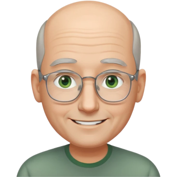 Balding man with receding hair, grey hair only on the sides, green eyes, rectangular reading glasses, rounded clear face, with a smile emoji