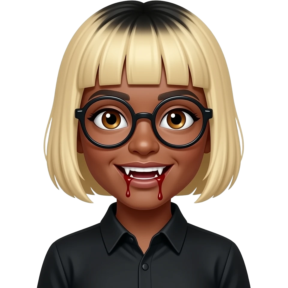 women blond short hair with bangs black roots, black skin, round glasses, brown eyes, black shirt,  dracula teeth with blood on the fangs emoji