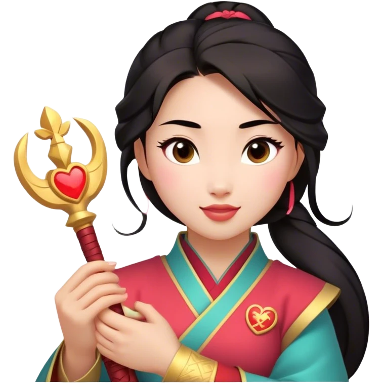 Cinematic Adorable Mulan Portrait Emoji, Playfully holding Cri-Kee in her hands, eyes sparkling with mischief, soft rosy cheeks, a warrior with a heart full of charm, radiant in the morning sunlight, glowing with warmth and joy! emoji