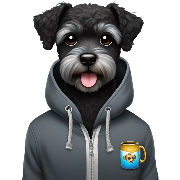 Cool black schnoodle with grey brindle and an underbite winking while smiling with boxing gloves and a hoodie with black sunglasses  emoji