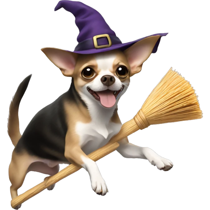 chihuahua flying on broom with witch hat emoji
