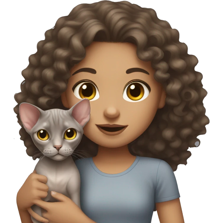 Girl With curly Brown hair With a Sphynx grey cat emoji