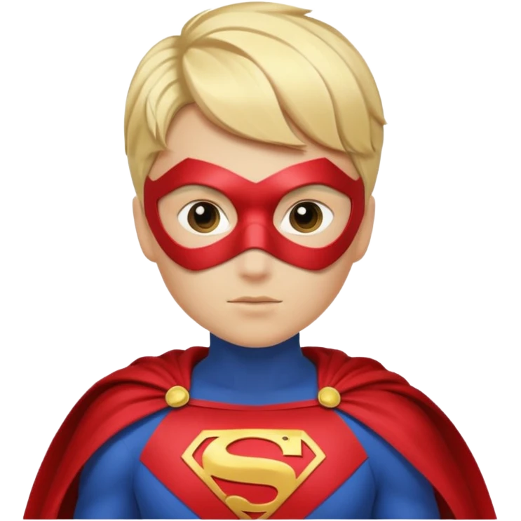 Súper heroína con antifaz, pelo corto rubio, traje de superhéroe con capa. Que se vea hasta los hombros emoji