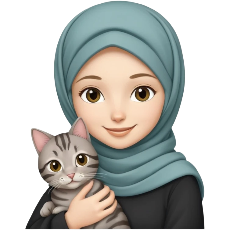 Hijab White girl smiling while holding a black grey tabby cat emoji