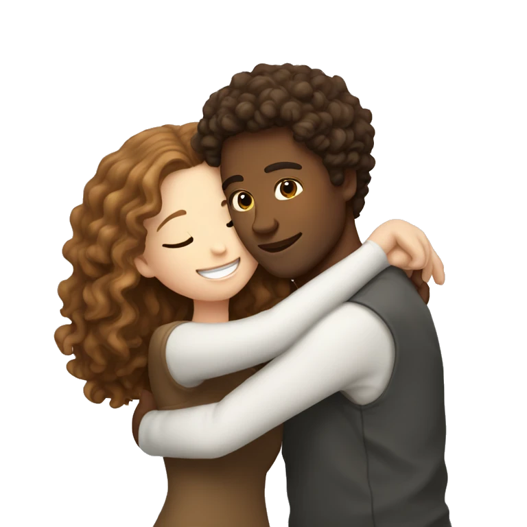 White girl with brown curly hair hugging white guy with brown hair emoji