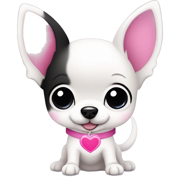 Cute kawaii white Chihuahua, with purple inside ears, black beady eyes, a black heart shaped nose, blue collar,  holding a pink heart, vector art style, simple design, black outline emoji