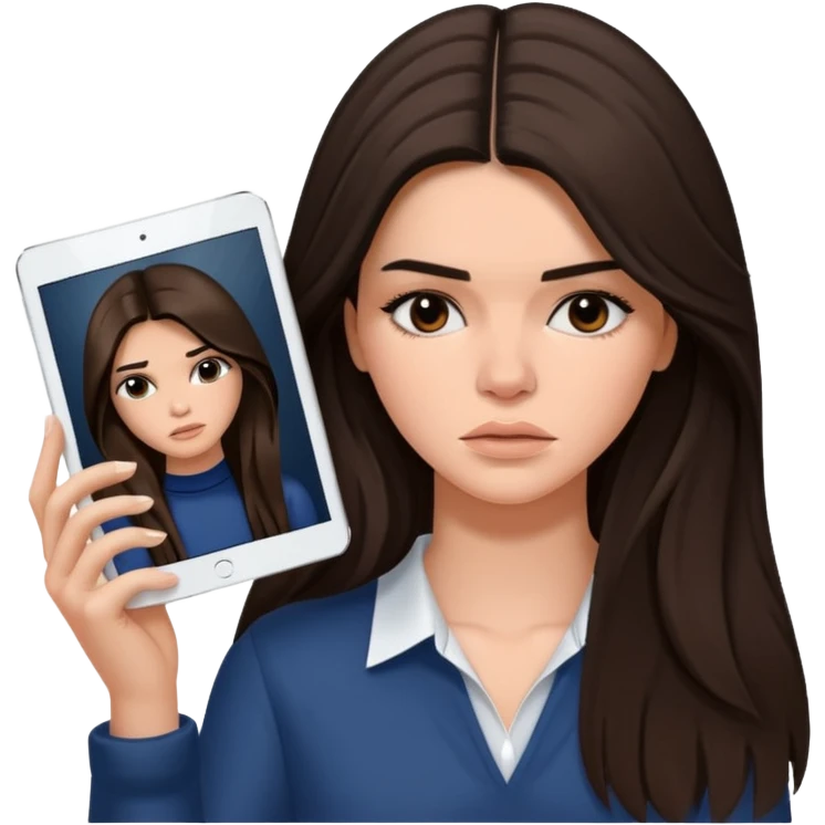 bored and sad brunette  Kendall Jenner with long hair holding iPad emoji emoji