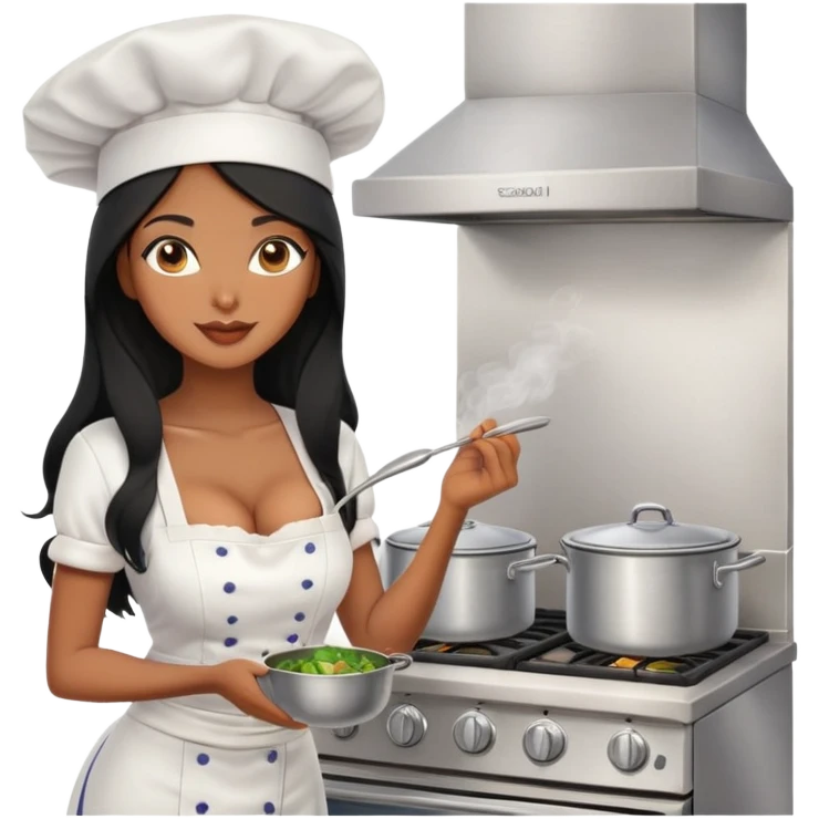 cooking stove with pot, black long hair tanned woman, bra, chef hat emoji