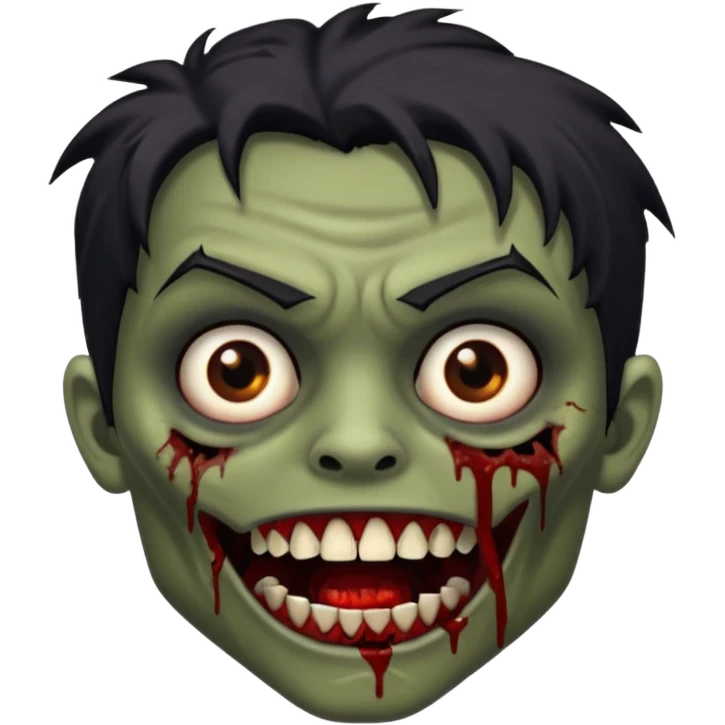 zombie with brown skin, messy black hair, wide centered brown eyes, dark bloody marks under the eyes, and a slightly open mouth showing crooked teeth grillz, giving a distressed, undead look. emoji