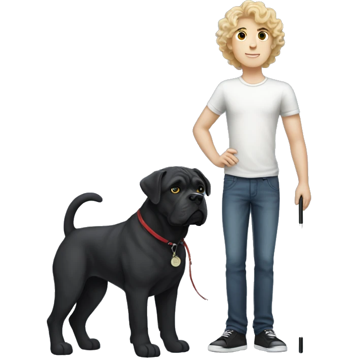 white boy with curly blonde hair standing alongside a black cane-corso emoji