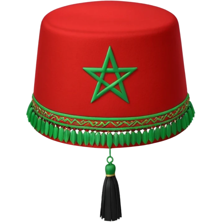 Red Moroccan fez hat with a flat top, straight sides, a green five-pointed star on the front, and a thin black tassel hanging from the right side. emoji