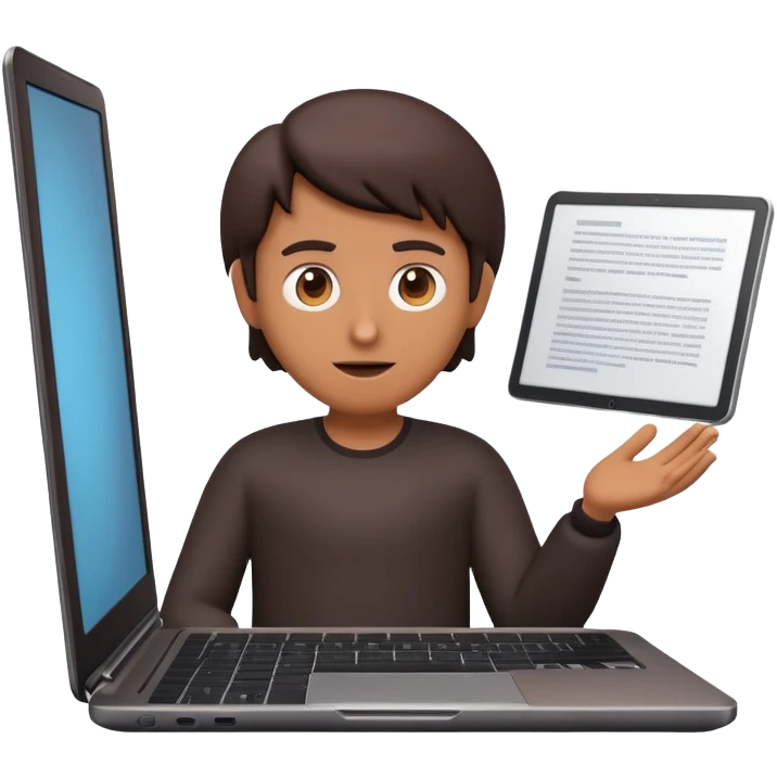 A dark-colored laptop with the screen open. From the screen, a person is emerging, giving a lecture or teaching. The person should look expressive and in a teaching pose. Soft shadows, semi-3D emoji style, clean background. emoji