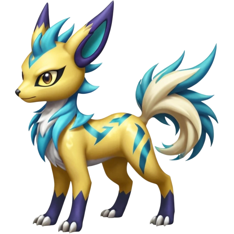 Shiny colorful exotic Feral Scaly Striking Slaying Badass Evil Handsome Lightning-patterned Zig-zagged buzzy fuzzy Meloetta-Renamon-Luxray-Cobalion-Suicune-Vernid-fusion-hybrid-creature, full body  emoji