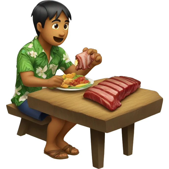 a Hawaiian boy w th  bunn eating rib on a tabe emoji