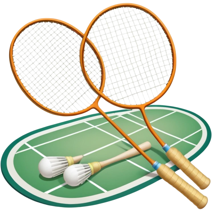 Two crossed badminton rackets with a shuttlecock resting in between, set against the faint outline of a badminton court. The image highlights the tools of the sport, with a subtle emphasis on the court's net and boundaries, symbolizing competition and skill. emoji