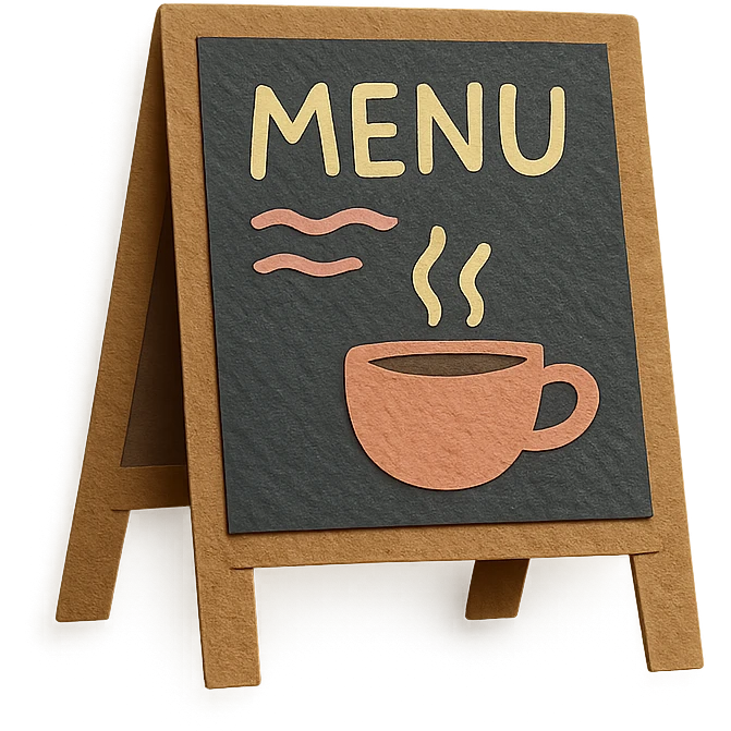 small café chalkboard menu with cute coffee cup doodle, hand-drawn pastel emoji