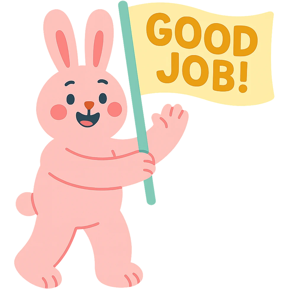 full-body baby pink bunny waving a 'Good Job!' flag, pastel-toon style, transparent background, flag text clearly visible emoji