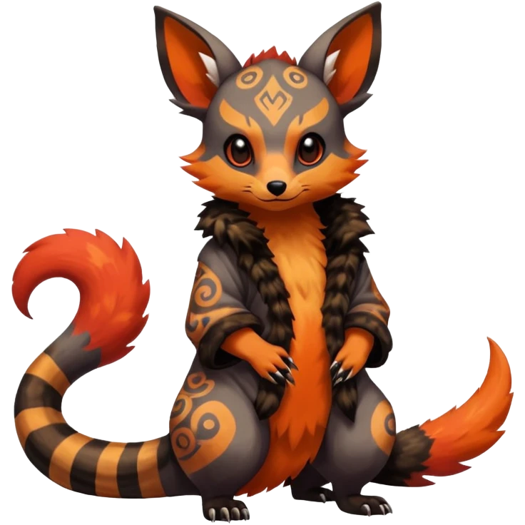 Rare warm-colored exotic cute epic aesthetic gothic colorful Salandit-Eevee-Civet-species-Fakemon-hybrid-creature, with intricate tattoo markings, full body emoji