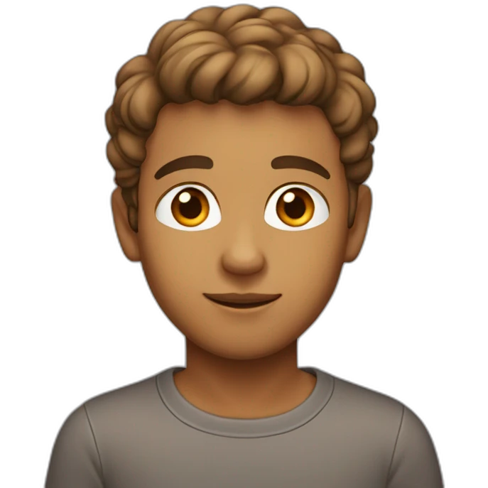Light brown boy... Orange and gray shirt... Rounded hair ... Brown eyes  emoji