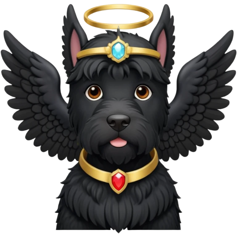 Black giant schnauzer wearing halo and wings emoji