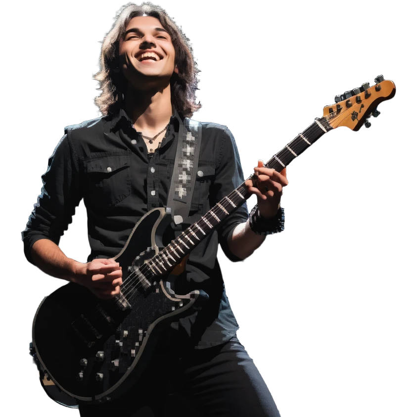 Rockstar musician with a confident smile looking up, electric guitar, stage lights, performing emoji
