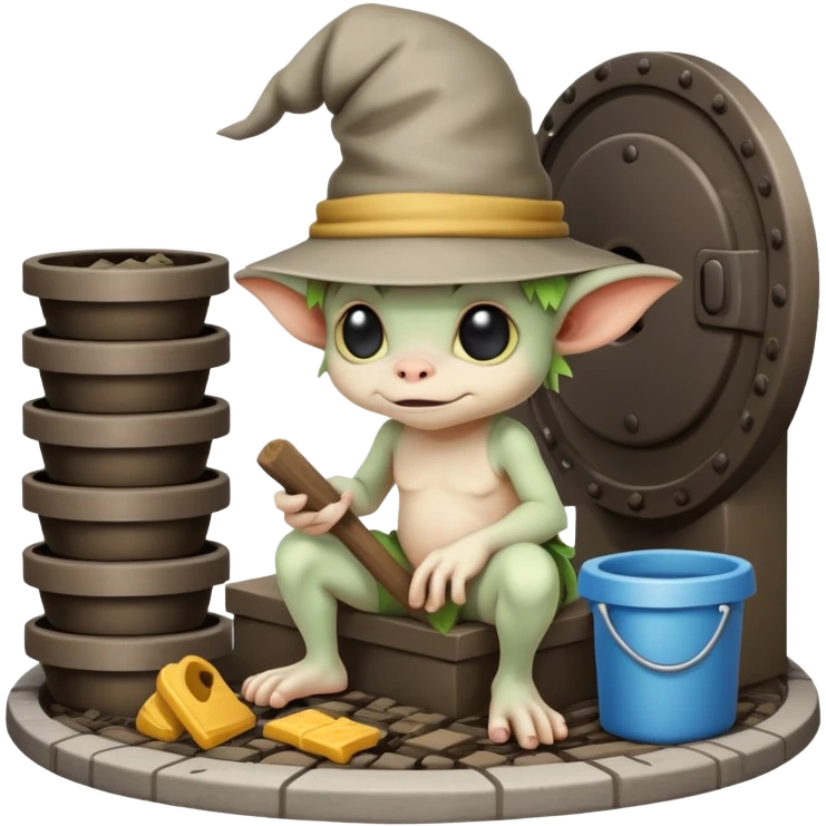 Mini sewer gremlin building little mess stacks on a bench in a manhole emoji
