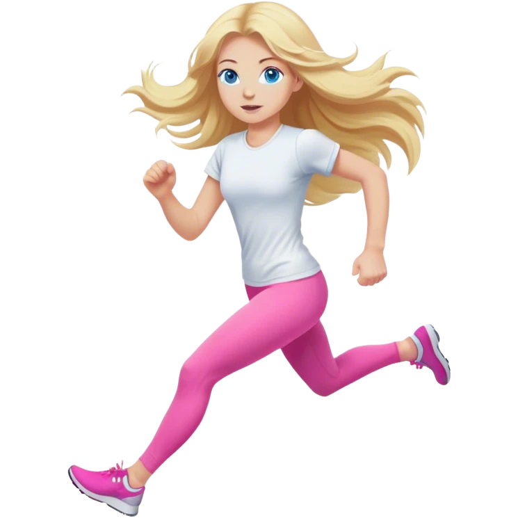 Cinematic realistic blonde with long hair and blue eyes, dressed in pink leggings and a white T-shirt, runs emoji