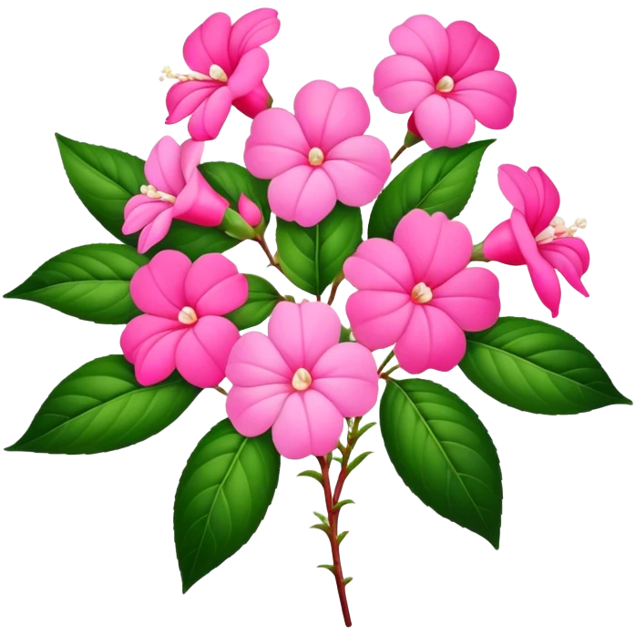 big bouquet pink Impatiens Balsamina flower stem, leaf emoji