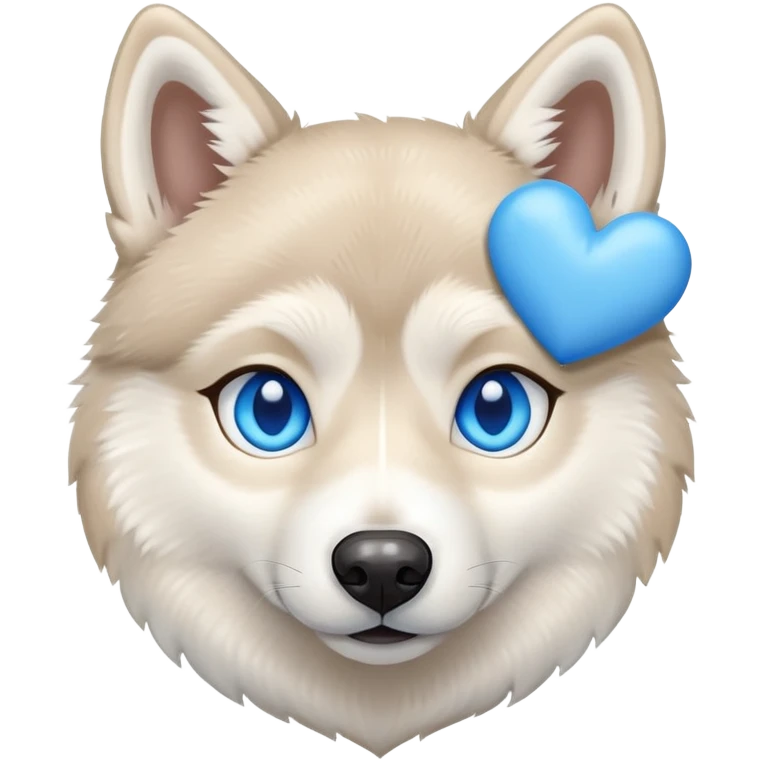 Beige husky with blue eyes holding a blue heart emoji
