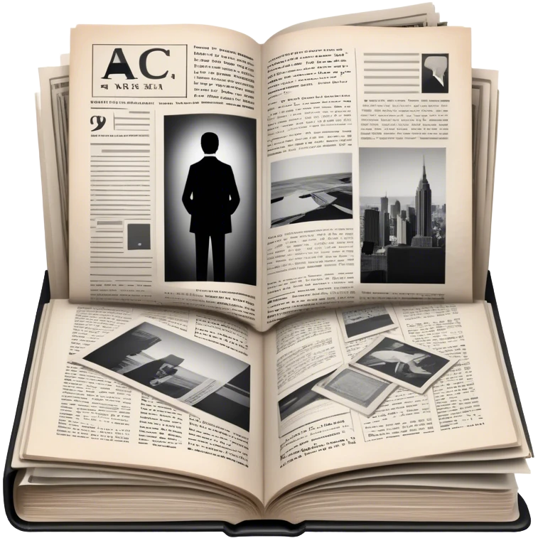 Icon for Non-Fiction & Narrative Reading: an open book with black-and-white photos on the pages, surrounded by a pile of newspaper clippings, and an open folder with top-secret documents. The icon should reflect the blend of real stories and facts in non-fiction literature. Transparent background. emoji