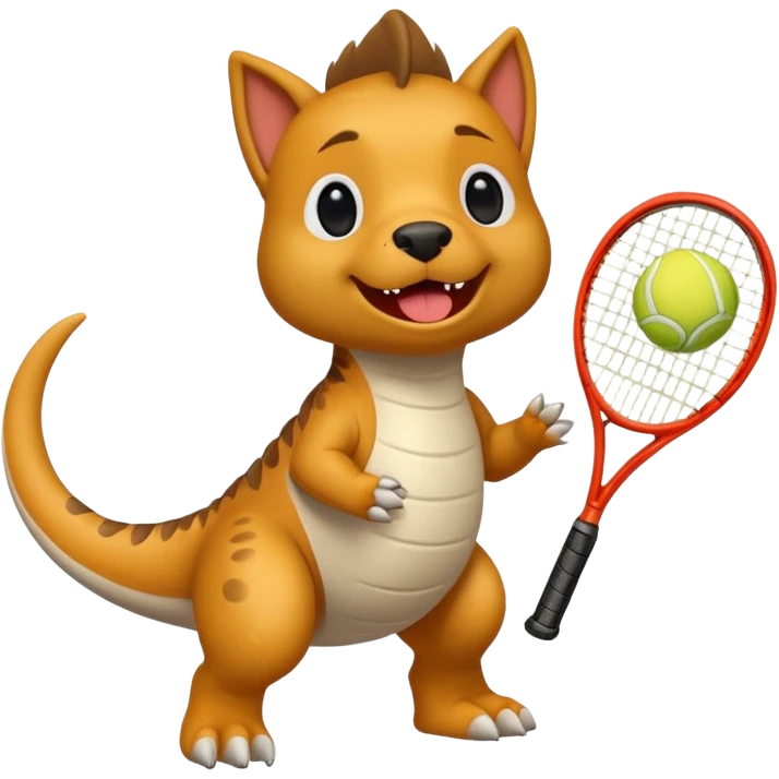 Un chien qui joue au tennis contre un dinosaure emoji