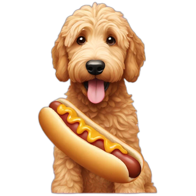 Golden doodle eating a hot dog emoji