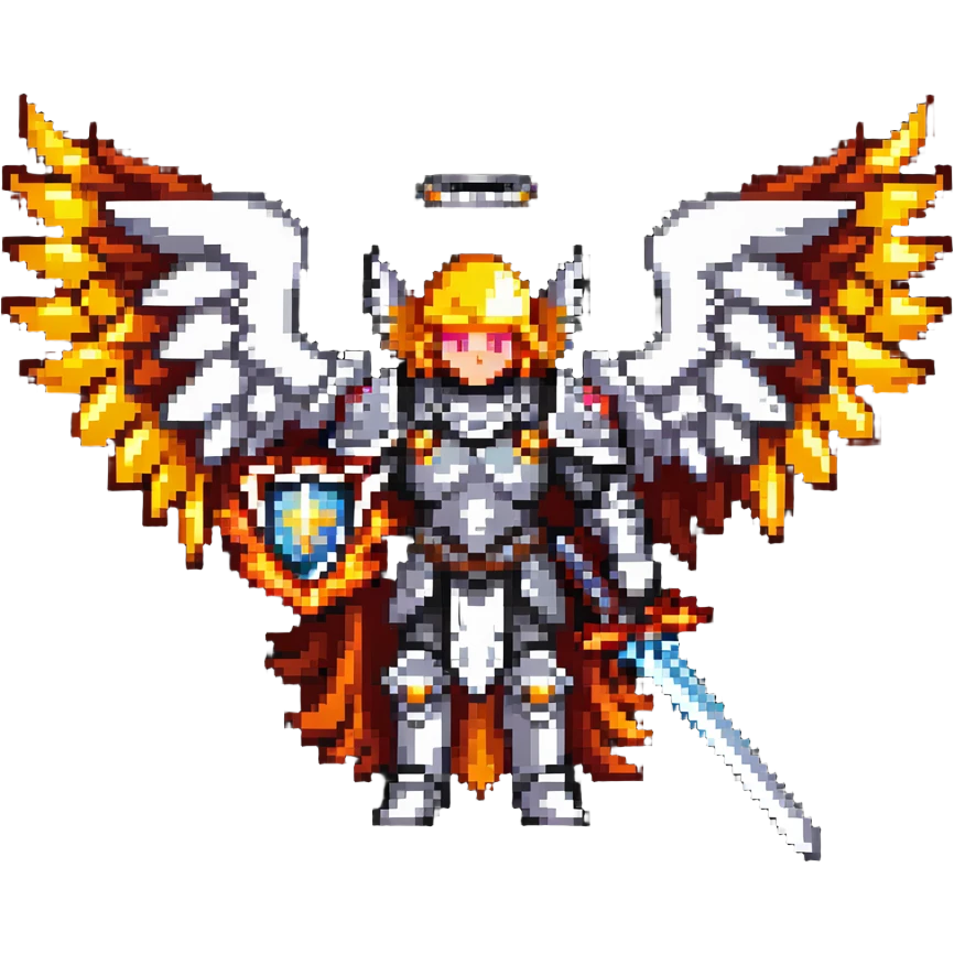 Michael the archangel with wings, armor, and a flaming sword. Divine warrior angel with a halo. emoji