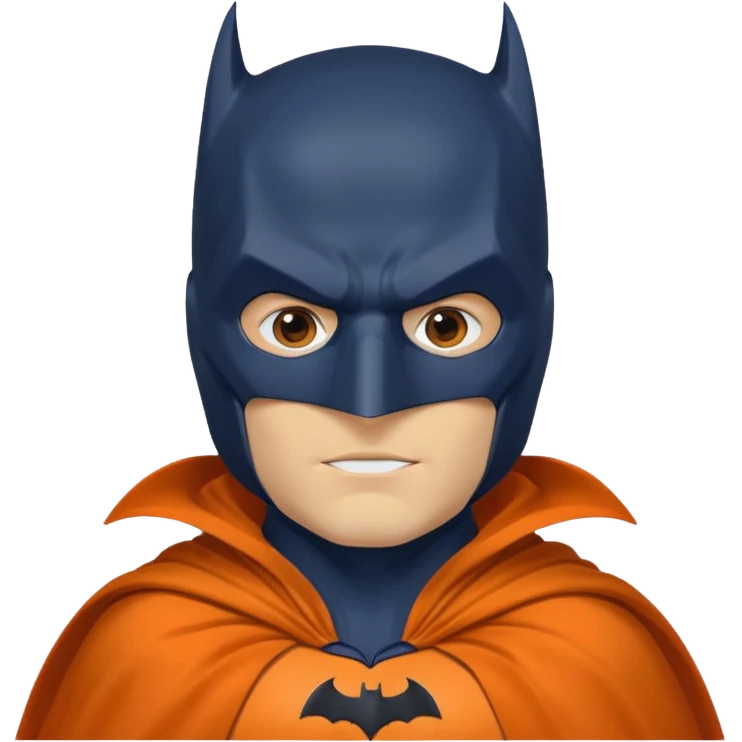 generate a batman emoji with just the face and neck showing and part of the cloak and and wings. Shade the mask in dark navy blue. Shade the wings in a medium olive green. Shade the cloak in a solidt vibran orange emoji