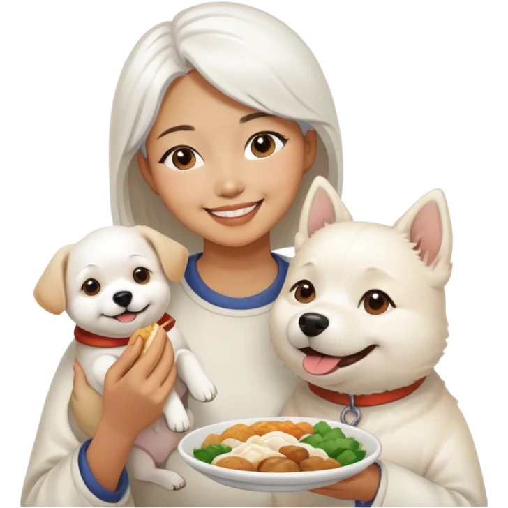 Asian woman sharing food with white dog emoji
