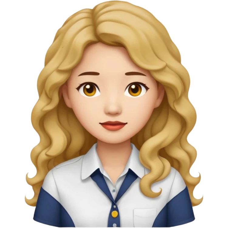 Asian woman, white button-up shirt, long permed wavy hair, emoji style, simple flat colors, transparent background. emoji
