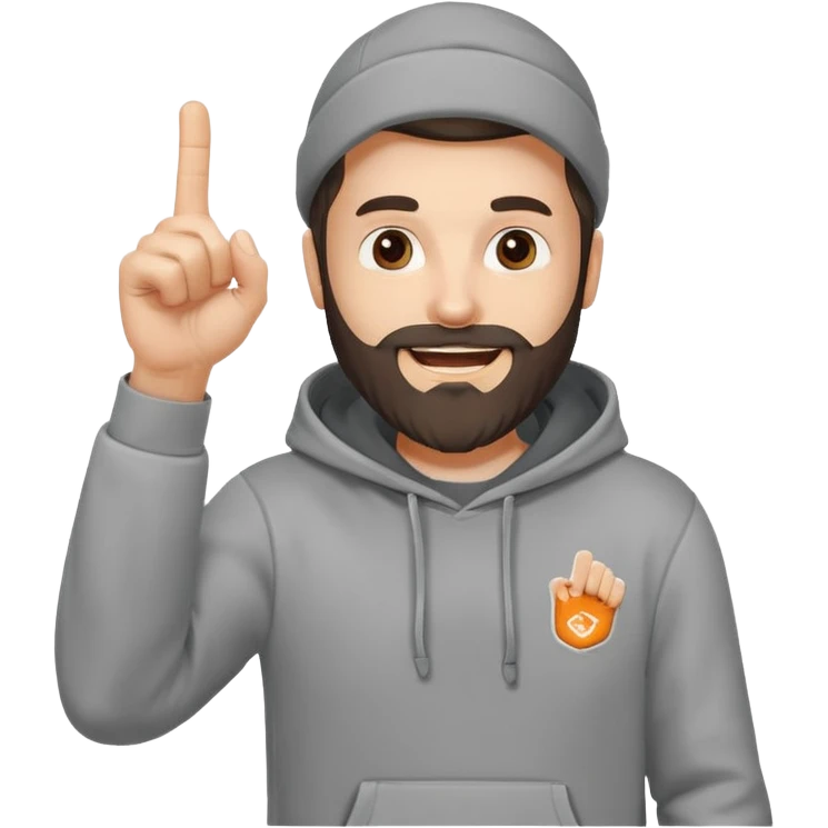 A bearded man in a hoodie, raising his foam finger with playful energy. emoji