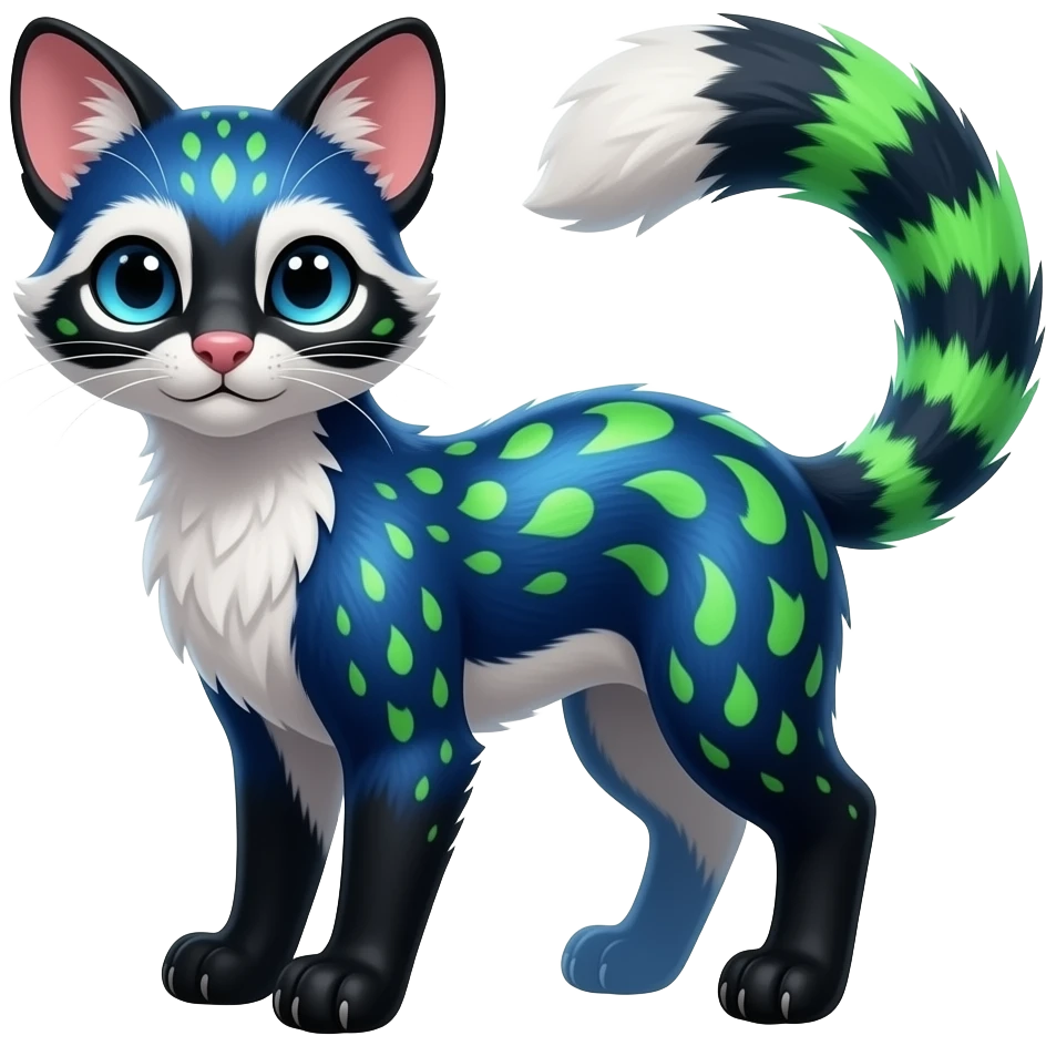 Colorful realistic silky smooth glossy tropical thin exotic beautiful lanky gradient-colored cobalt-blue-obsidian-black-neon-green-gradients, with white underside, iridescent glorious fantasy-civet-genet-Cacomistle-civet-oncilla-animal-hybrid-fursona with pattern markings (full body) emoji