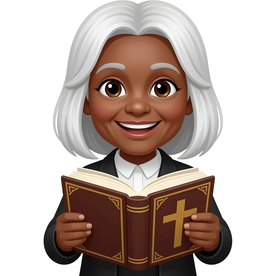 wise old woman with white hair black skin smile with book that has a cross on it emoji