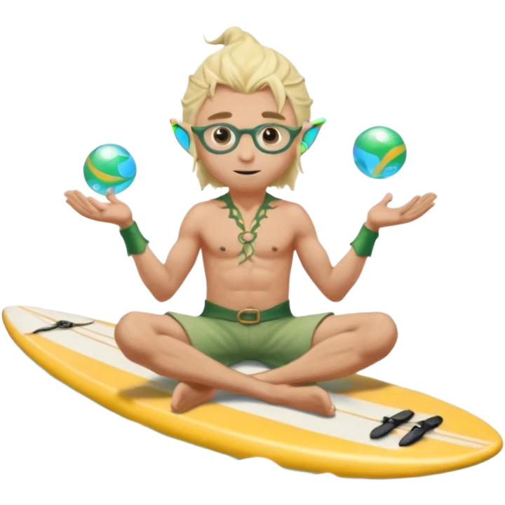 elf male legolas sitting on surfboard (ashore), hands manipulating two orbs of swirling seawater giving a "massage" to his own shoulders, wearing relaxed linen shorts over swimwear, tinted elven sunglasses, pointy ears, content expression, centered emoji emoji