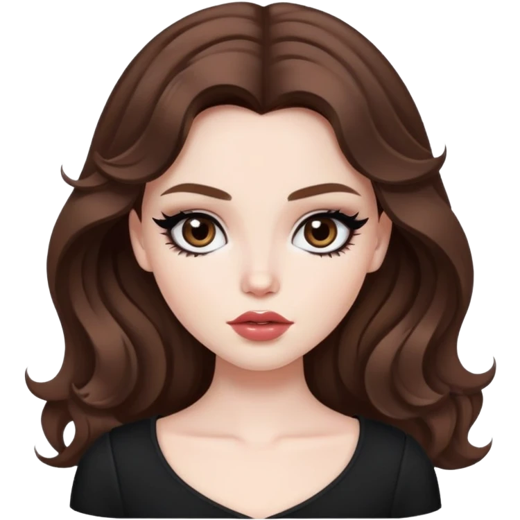 wavy brown hair, pretty lips, pale skin,  dark brown eyes, pretty bratz baddie, black eyeliner emoji