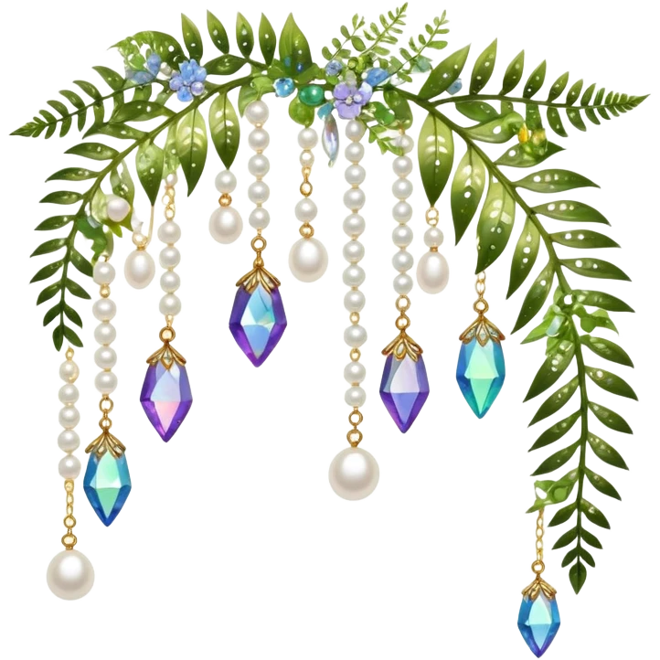 Few cute tiny Iridescent glistening glossy sparkly shiny glittery hanging crystals pearls and beads and gemstones scenery scenic decorations with vines and ferns and flowers emoji