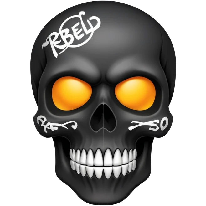 smooth black skull with rebellious graffiti and brand logos, slightly tilted angle emoji