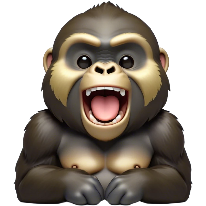Cinematic Cute Yawning Gorilla Portrait Emoji, Head tilted slightly with a dramatic, wide-open yawn, showcasing a thick, velvety Fur with drowsy, half-closed eyes and a relaxed, open expression, Simplified yet irresistibly adorable features, highly detailed, glowing with a soft, cozy jungle glow, high shine, relaxed yet expressive, stylized with a dash of whimsical primate charm, soft glowing outline, capturing the essence of a drowsy yet affectionate guardian that appears ready to stretch out for a nap! emoji